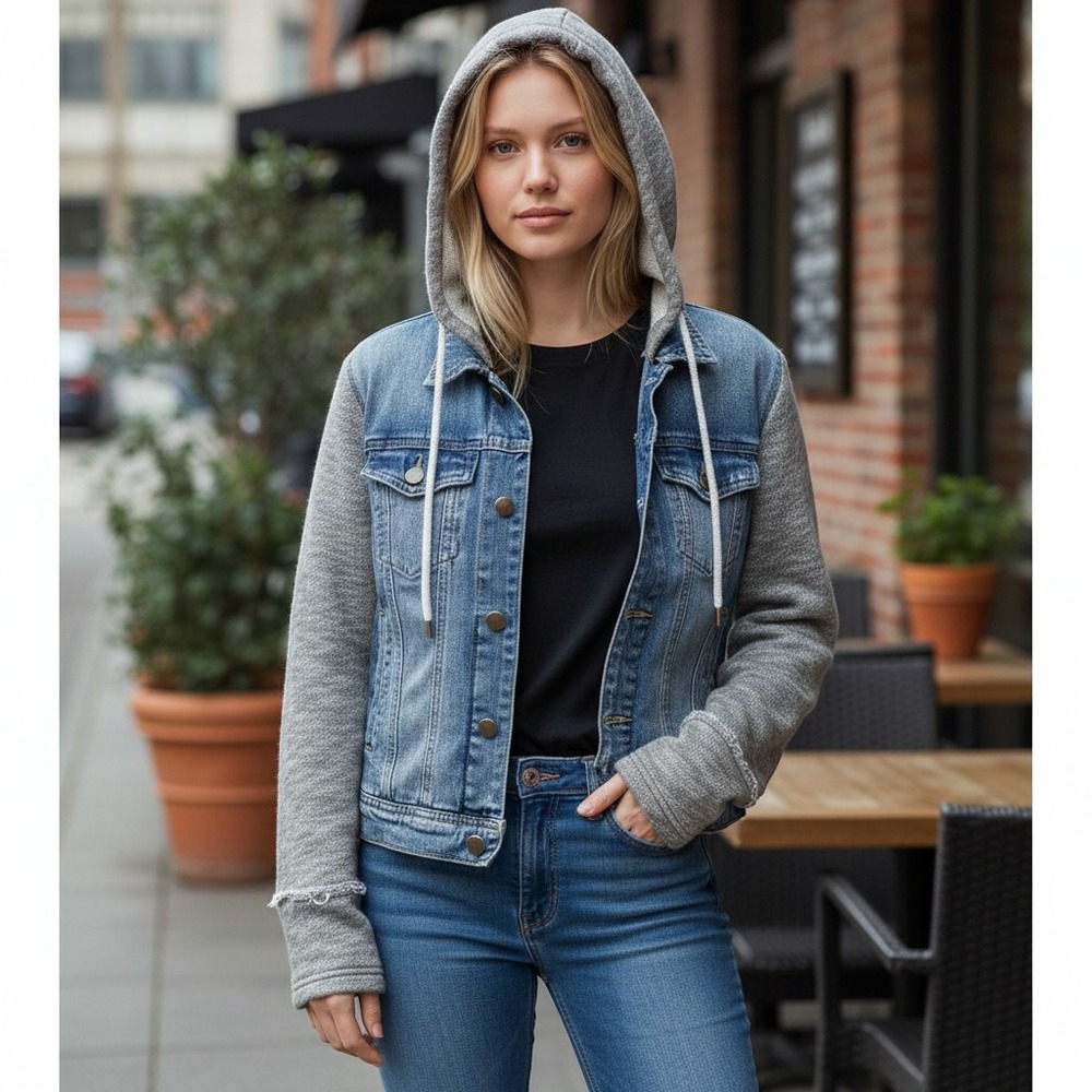Free People Mixed Media Hooded Denim Jacket Blue Trucker Jacket •S• Boho Shacket